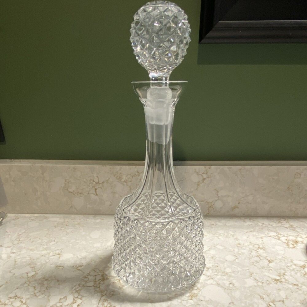 Vintage Cut Glass Decanter Diamond Pattern with Round Stopper 11" Barware
